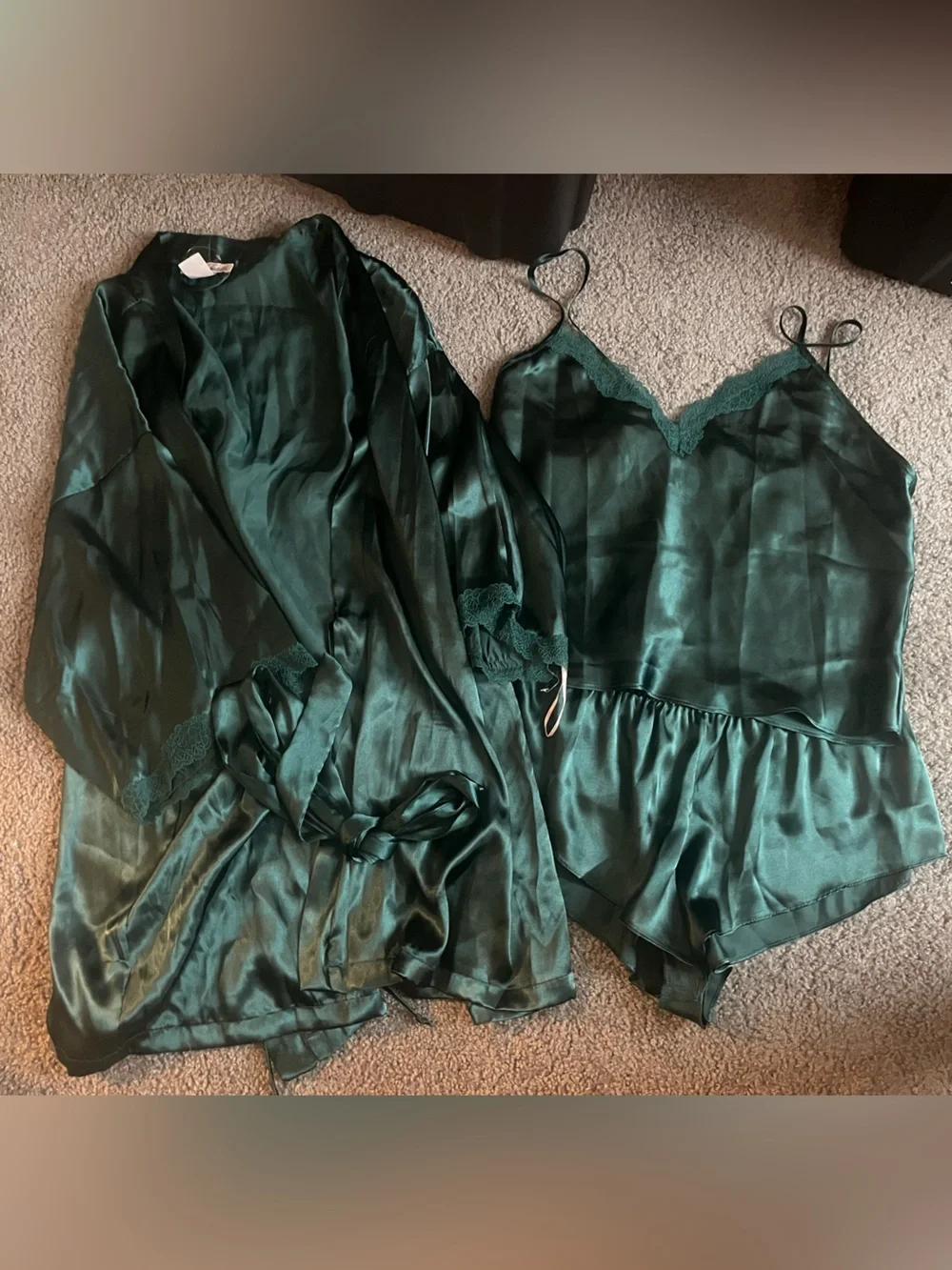 Linea Donatella Satin Lace Trim Cami & Short Sleep Set - Dark Green size L